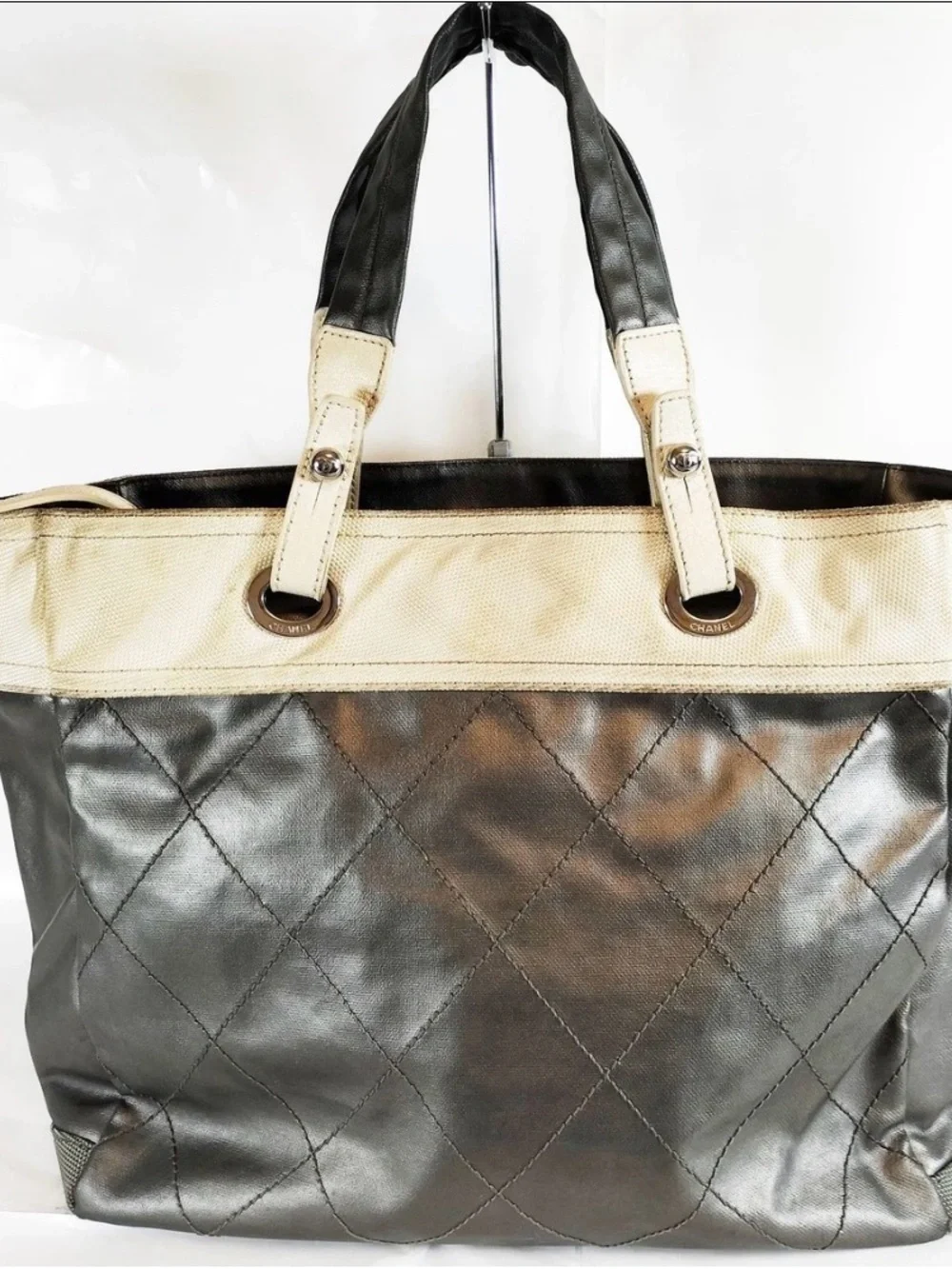 CHANEL Quilted Metallic Black Tote with Cream Accents